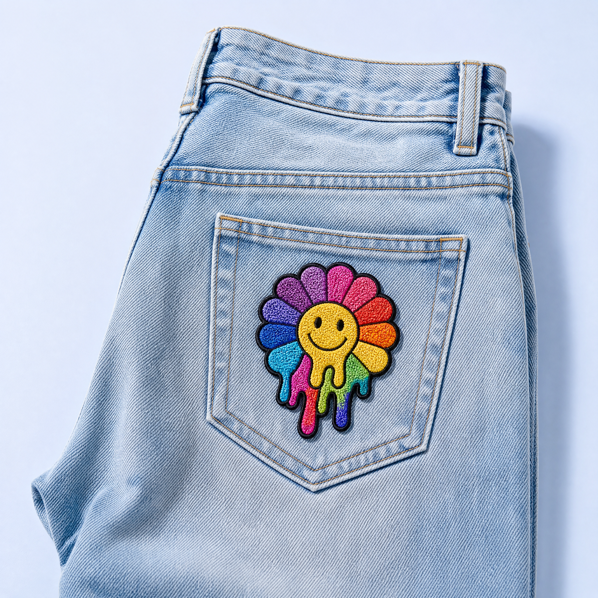 Custom Y2K Melting Rainbow Sunflower Patches Wholesale · Trippy Slime Smiley Flower Iron-On Badge Manufacturer
