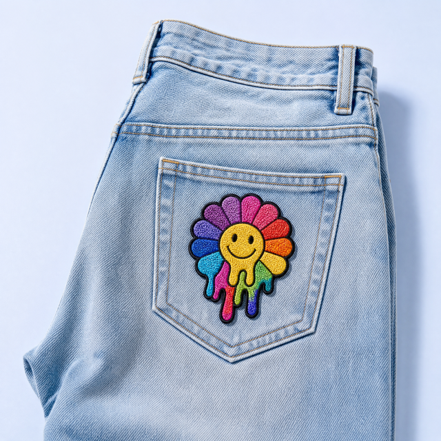 Custom Y2K Melting Rainbow Sunflower Patches Wholesale · Trippy Slime Smiley Flower Iron-On Badge Manufacturer