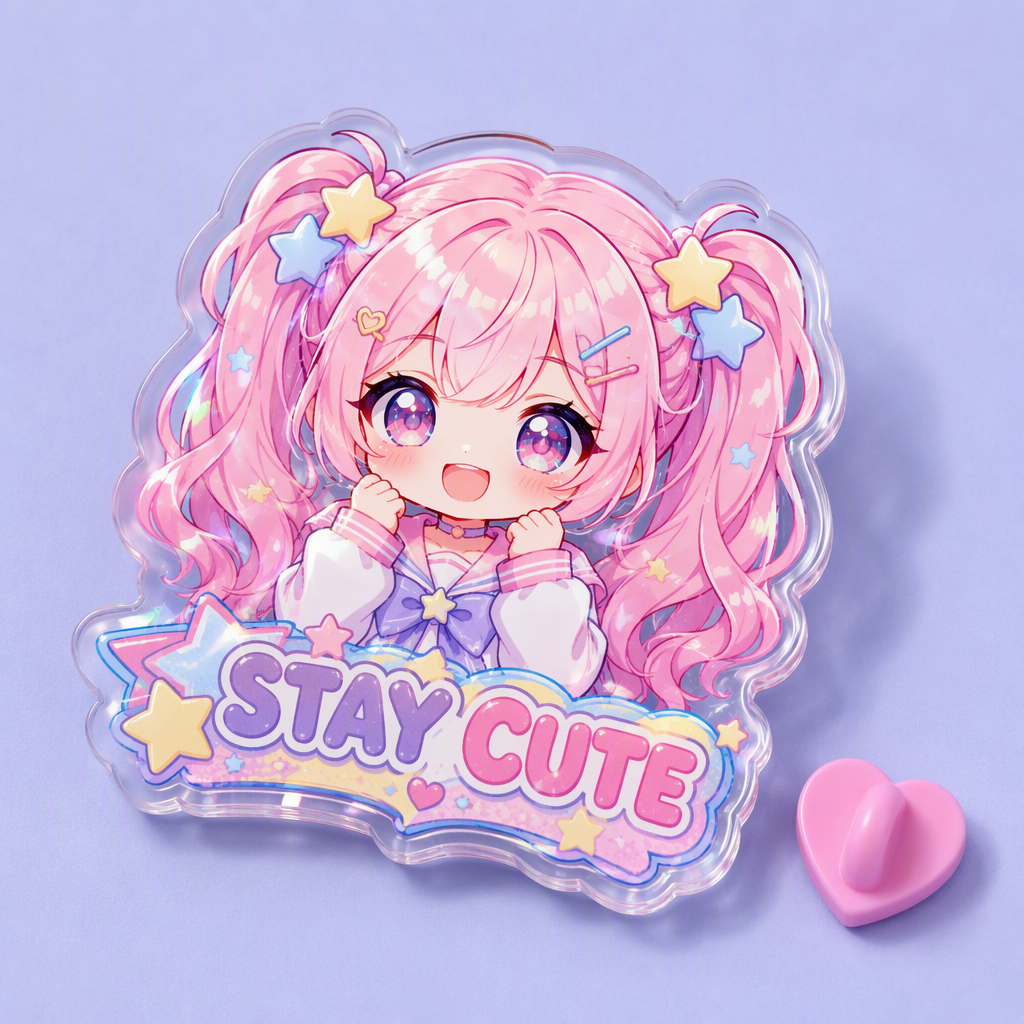 Custom Acrylic Pins Manufacturer – Wholesale Anime Chibi Lapel Pin Badge with Epoxy Holographic Finish, OEM Die-Cut Clear Acrylic Brooch for Merch & Gifts