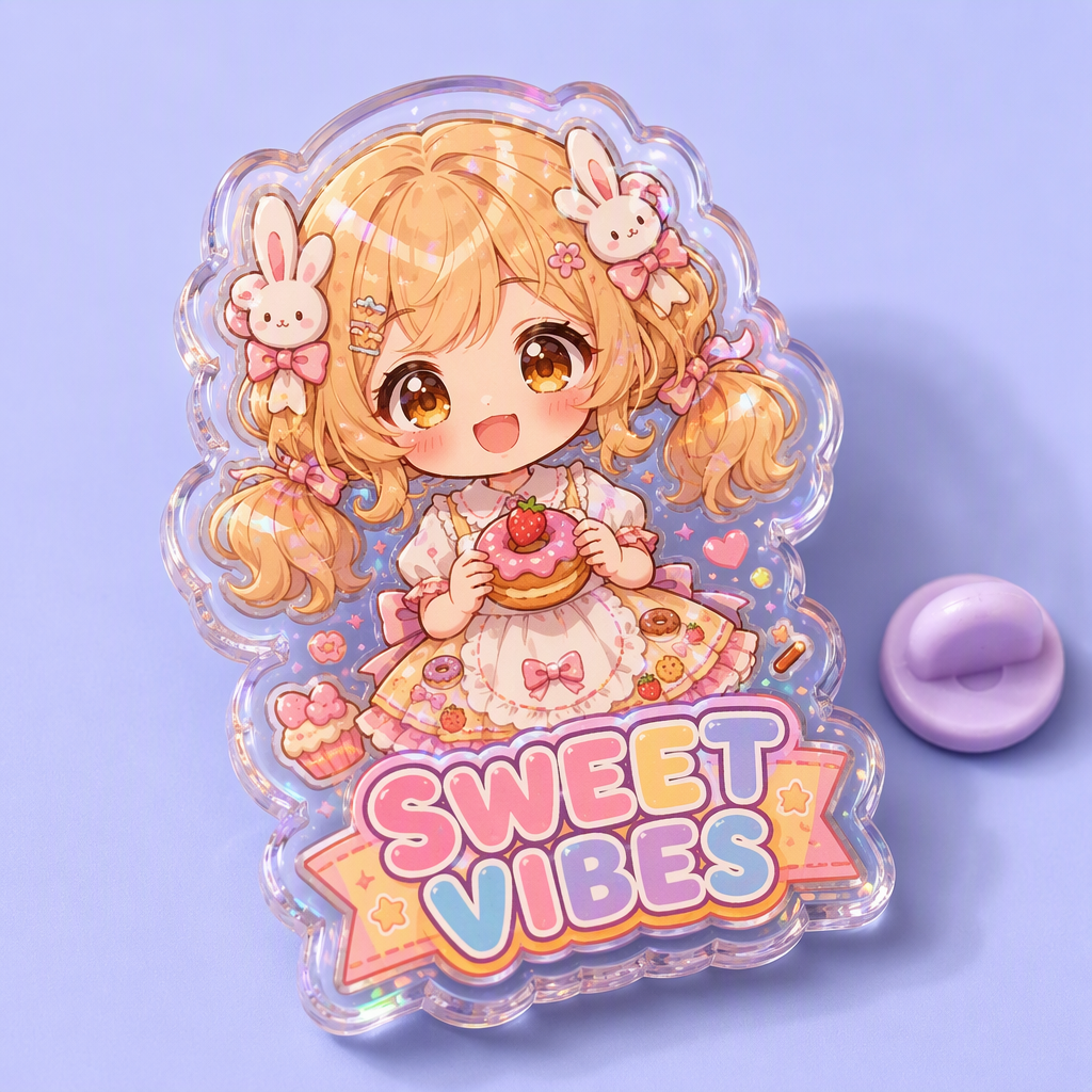 Custom Acrylic Pins Manufacturer – Wholesale Anime Chibi Lapel Pin Badge with Epoxy Holographic Finish, OEM Die-Cut Clear Acrylic Brooch for Merch & Gifts