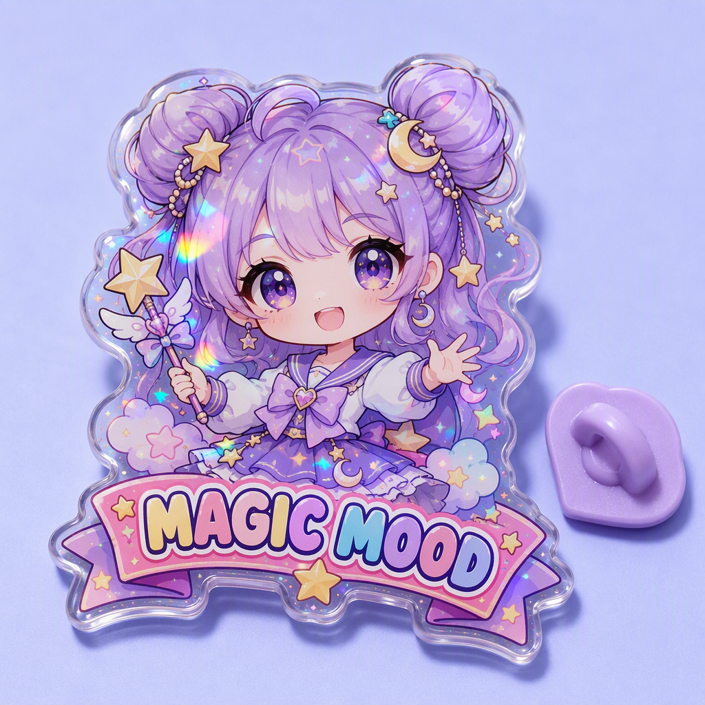 Custom Acrylic Pins Manufacturer – Wholesale Anime Chibi Lapel Pin Badge with Epoxy Holographic Finish, OEM Die-Cut Clear Acrylic Brooch for Merch & Gifts