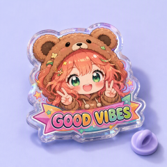 Custom Acrylic Pins Manufacturer – Wholesale Anime Chibi Lapel Pin Badge with Epoxy Holographic Finish, OEM Die-Cut Clear Acrylic Brooch for Merch & Gifts