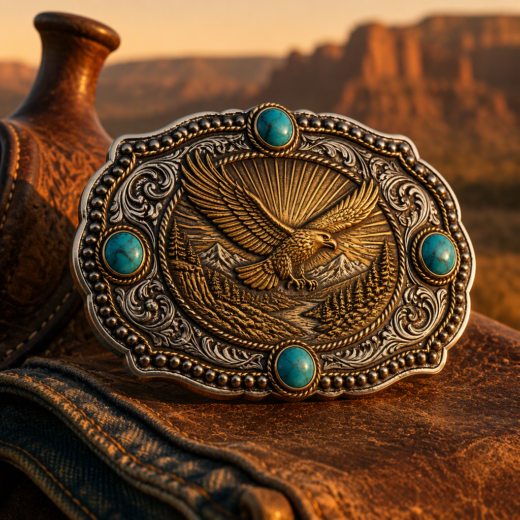 Custom Heavy-Duty Cast Zinc-Alloy Western Belt Buckle – Antique Silver & Gold 3D Relief Eagle, 4-Stone Turquoise Inlay (Fits 1.5" Belts)