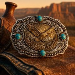 Custom Heavy-Duty Cast Zinc-Alloy Western Belt Buckle – Antique Silver & Gold 3D Relief Eagle, 4-Stone Turquoise Inlay (Fits 1.5" Belts)