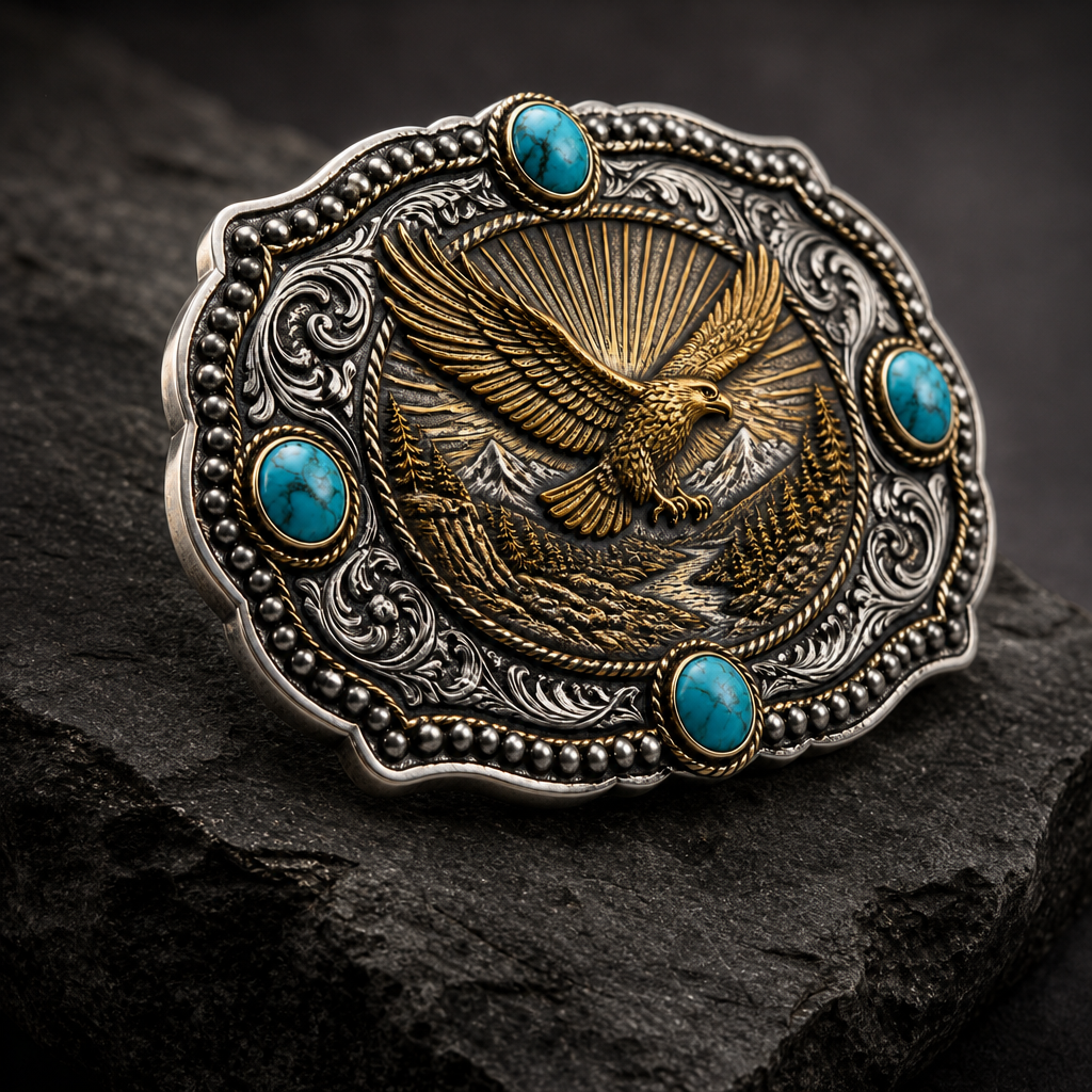 Custom Heavy-Duty Cast Zinc-Alloy Western Belt Buckle – Antique Silver & Gold 3D Relief Eagle, 4-Stone Turquoise Inlay (Fits 1.5" Belts)