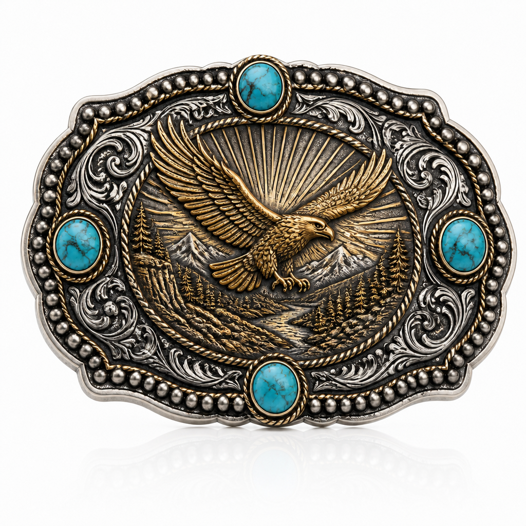 Custom Heavy-Duty Cast Zinc-Alloy Western Belt Buckle – Antique Silver & Gold 3D Relief Eagle, 4-Stone Turquoise Inlay (Fits 1.5" Belts)