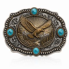 Custom Heavy-Duty Cast Zinc-Alloy Western Belt Buckle – Antique Silver & Gold 3D Relief Eagle, 4-Stone Turquoise Inlay (Fits 1.5" Belts)