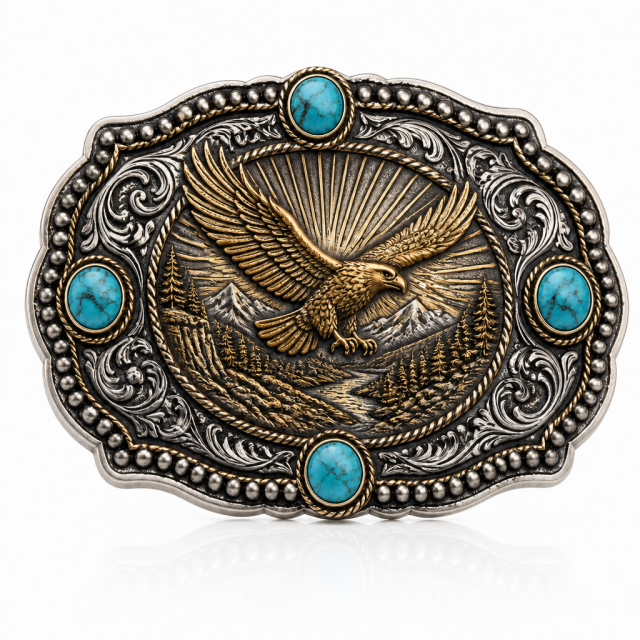 Custom Heavy-Duty Cast Zinc-Alloy Western Belt Buckle – Antique Silver & Gold 3D Relief Eagle, 4-Stone Turquoise Inlay (Fits 1.5" Belts)
