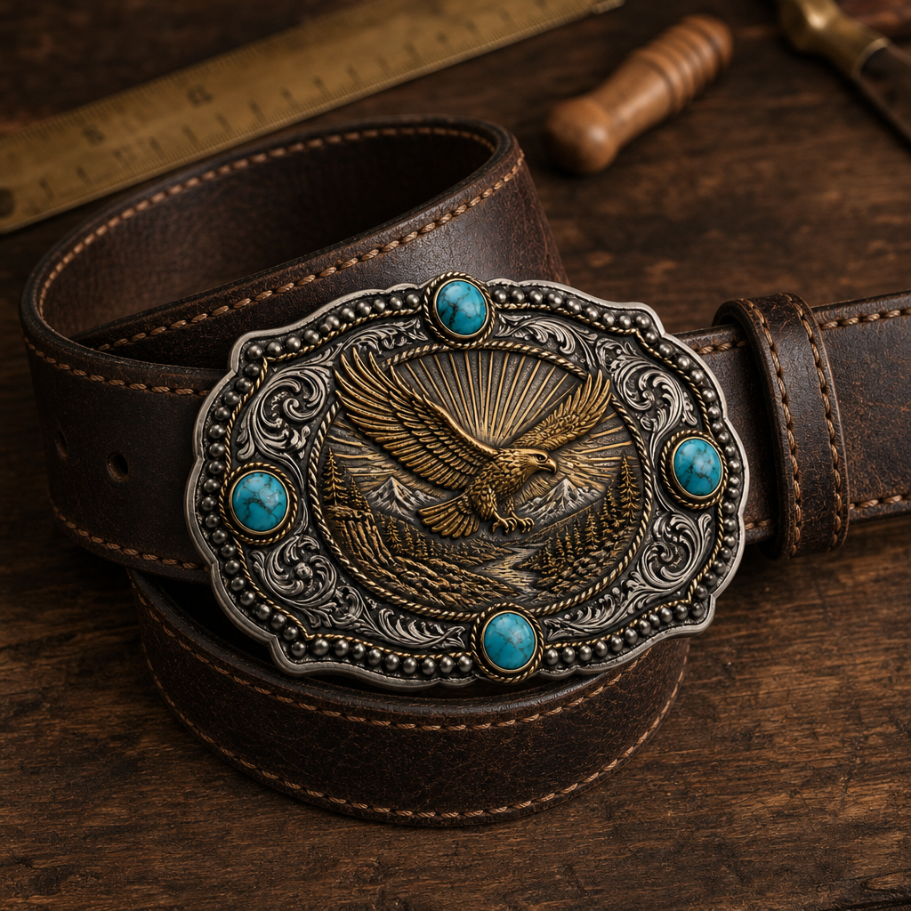 Custom Heavy-Duty Cast Zinc-Alloy Western Belt Buckle – Antique Silver & Gold 3D Relief Eagle, 4-Stone Turquoise Inlay (Fits 1.5" Belts)