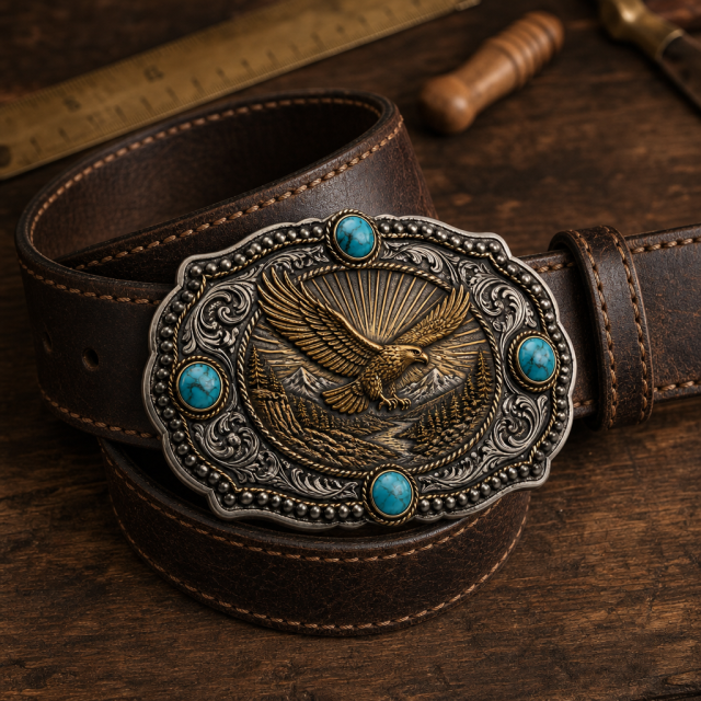Custom Heavy-Duty Cast Zinc-Alloy Western Belt Buckle – Antique Silver & Gold 3D Relief Eagle, 4-Stone Turquoise Inlay (Fits 1.5" Belts)