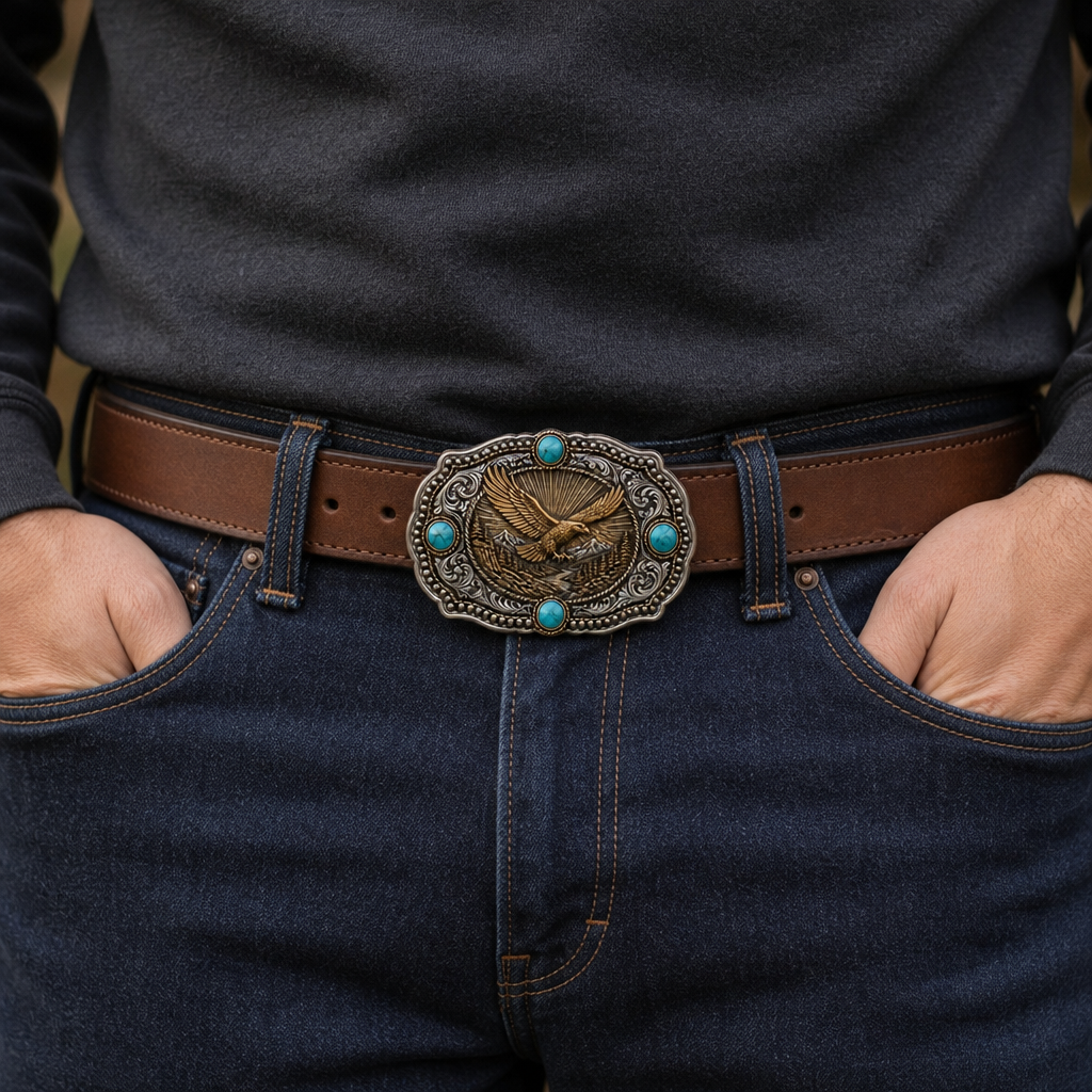 Custom Heavy-Duty Cast Zinc-Alloy Western Belt Buckle – Antique Silver & Gold 3D Relief Eagle, 4-Stone Turquoise Inlay (Fits 1.5" Belts)