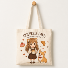Custom Original Anime Art Heavyweight Cotton Canvas Tote Bag with Reinforced Box-X Stitch & Zipper Pocket