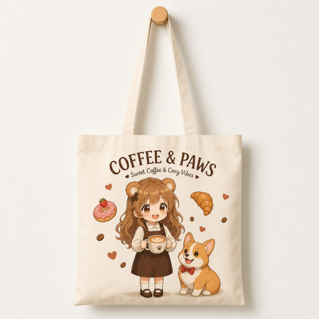 Custom Original Anime Art Heavyweight Cotton Canvas Tote Bag with Reinforced Box-X Stitch & Zipper Pocket