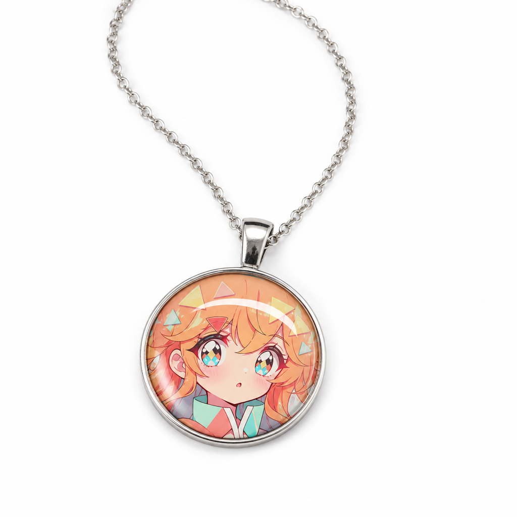 Custom Graphic Pendant Necklace with Optical Glass Cabochon Dome - Personalized Anime & Art Merch with Electroplated Finish