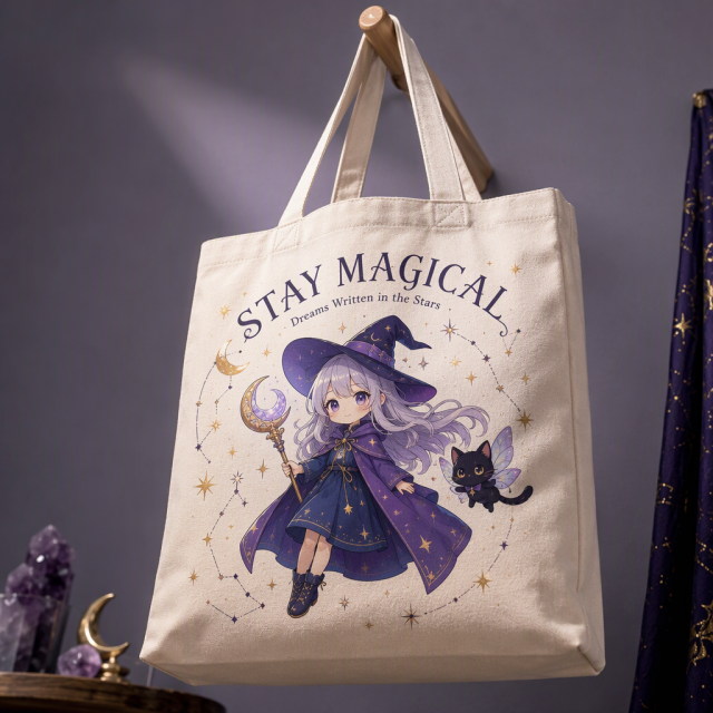 Custom Original Anime Art Heavyweight Cotton Canvas Tote Bag with Reinforced Box-X Stitch & Zipper Pocket