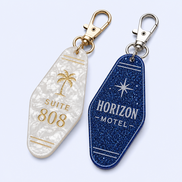 STANDARD GIFTS Custom Vintage Motel Keychains - Premium Marble & Liquid Glitter Acrylic Tags