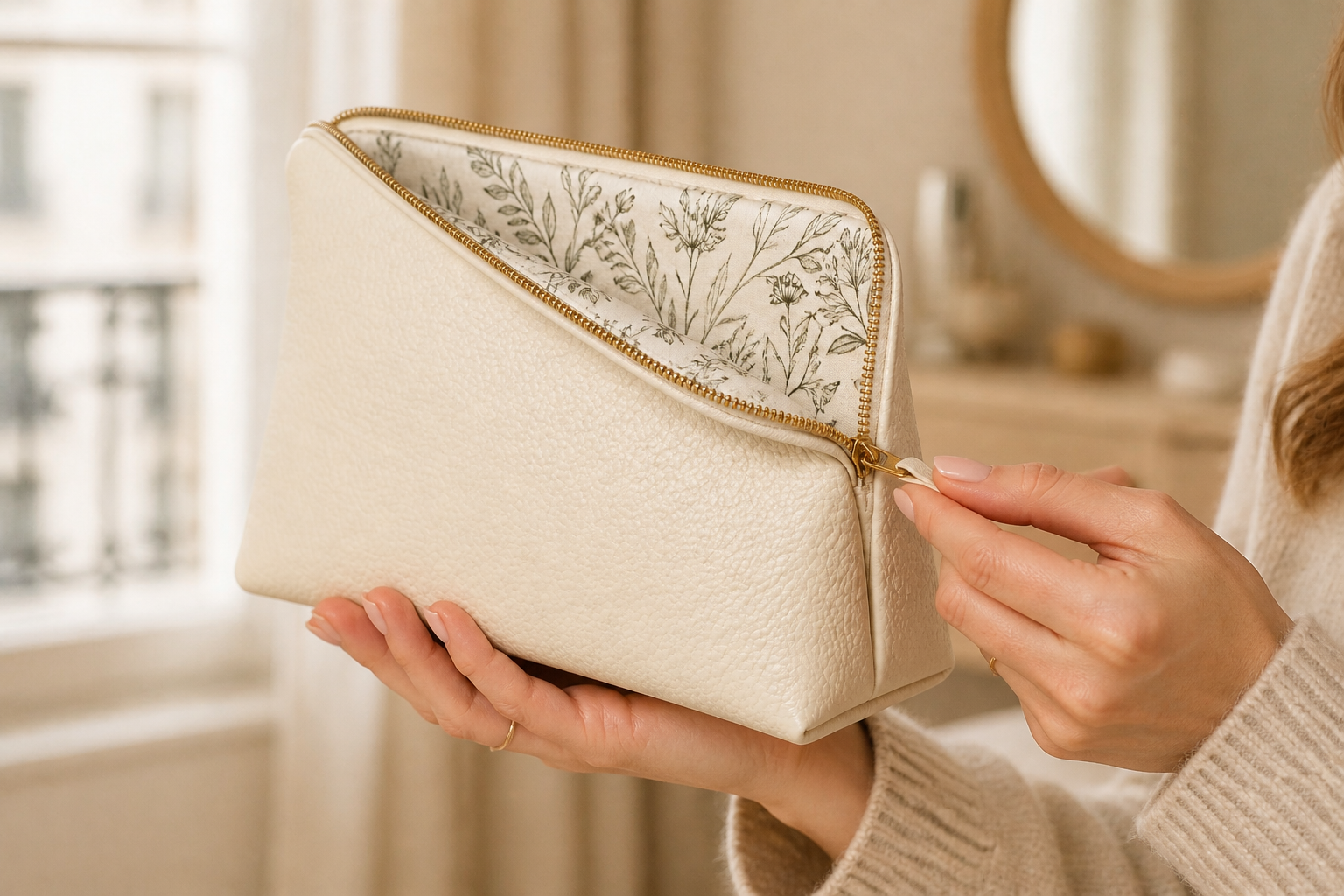 Custom Fold-Down Cosmetic Bag Manufacturer, OEM Wide-Mouth Pebble Vegan Leather Makeup Clutch