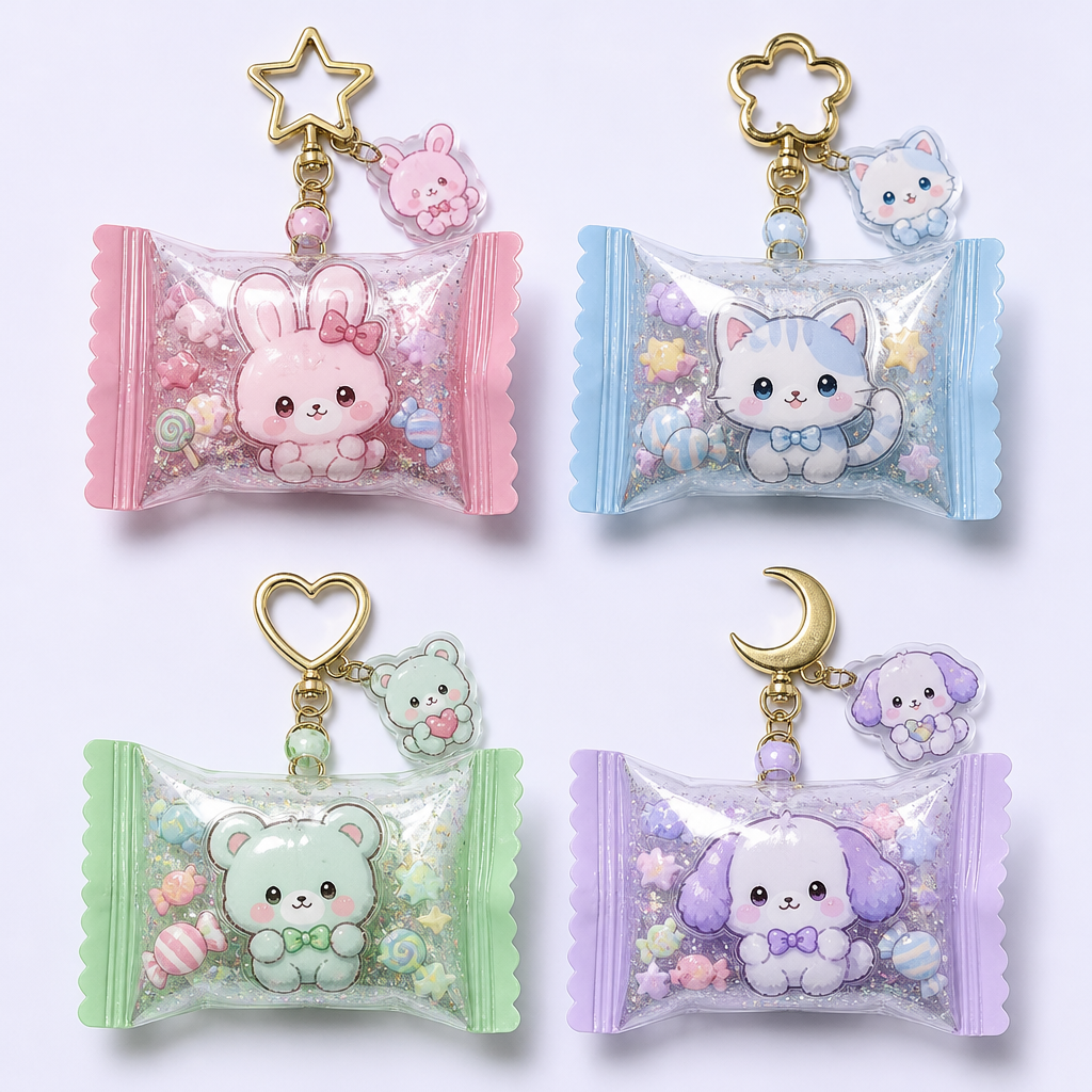 Custom Inflatable Candy Bag Keychain with Acrylic Shaker Charms