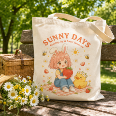 Custom Original Anime Art Heavyweight Cotton Canvas Tote Bag with Reinforced Box-X Stitch & Zipper Pocket