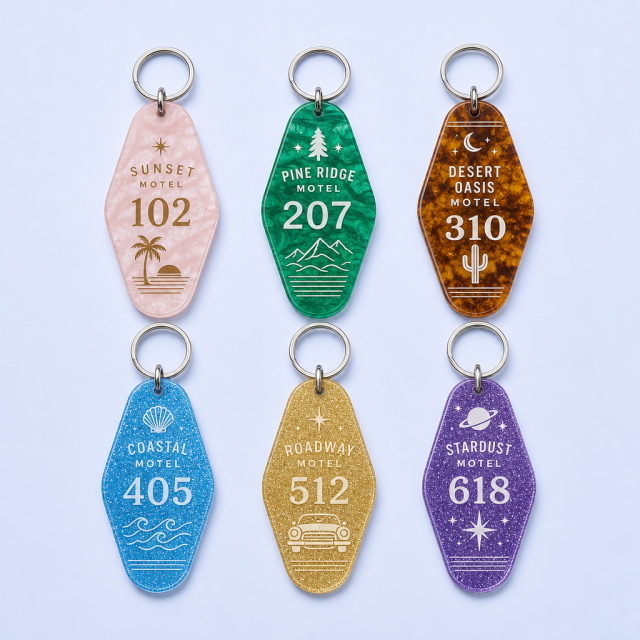 STANDARD GIFTS Custom Vintage Motel Keychains - Premium Marble & Liquid Glitter Acrylic Tags
