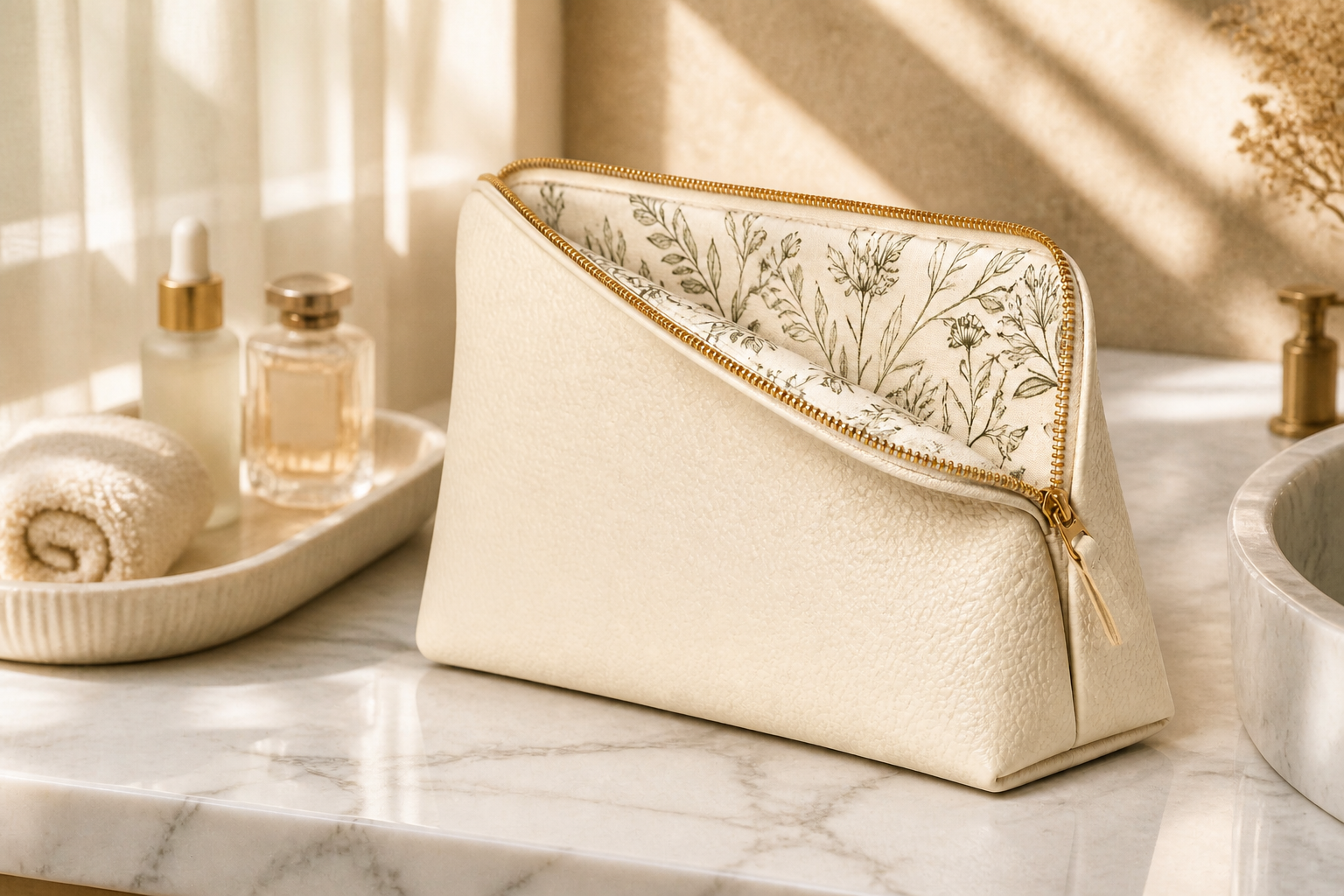 Custom Fold-Down Cosmetic Bag Manufacturer, OEM Wide-Mouth Pebble Vegan Leather Makeup Clutch
