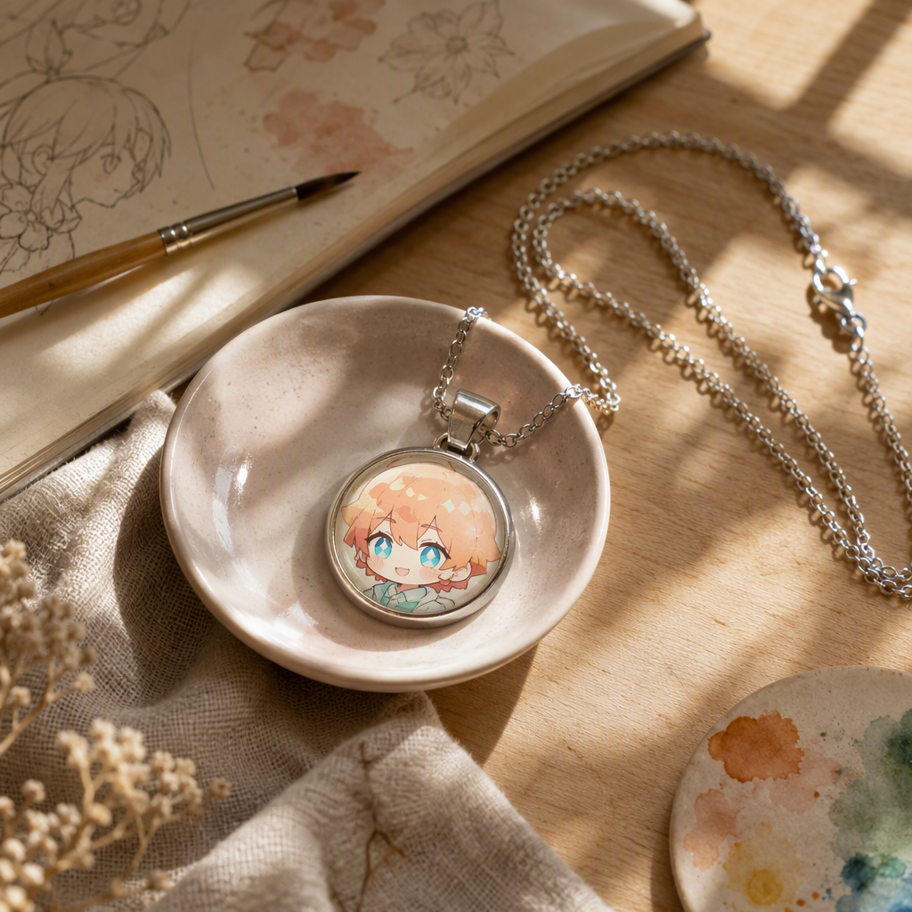 Custom Graphic Pendant Necklace with Optical Glass Cabochon Dome - Personalized Anime & Art Merch with Electroplated Finish