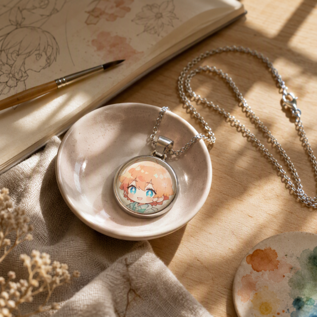 Custom Graphic Pendant Necklace with Optical Glass Cabochon Dome - Personalized Anime & Art Merch with Electroplated Finish