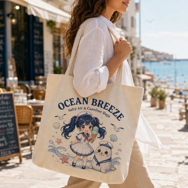 Custom Original Anime Art Heavyweight Cotton Canvas Tote Bag with Reinforced Box-X Stitch & Zipper Pocket