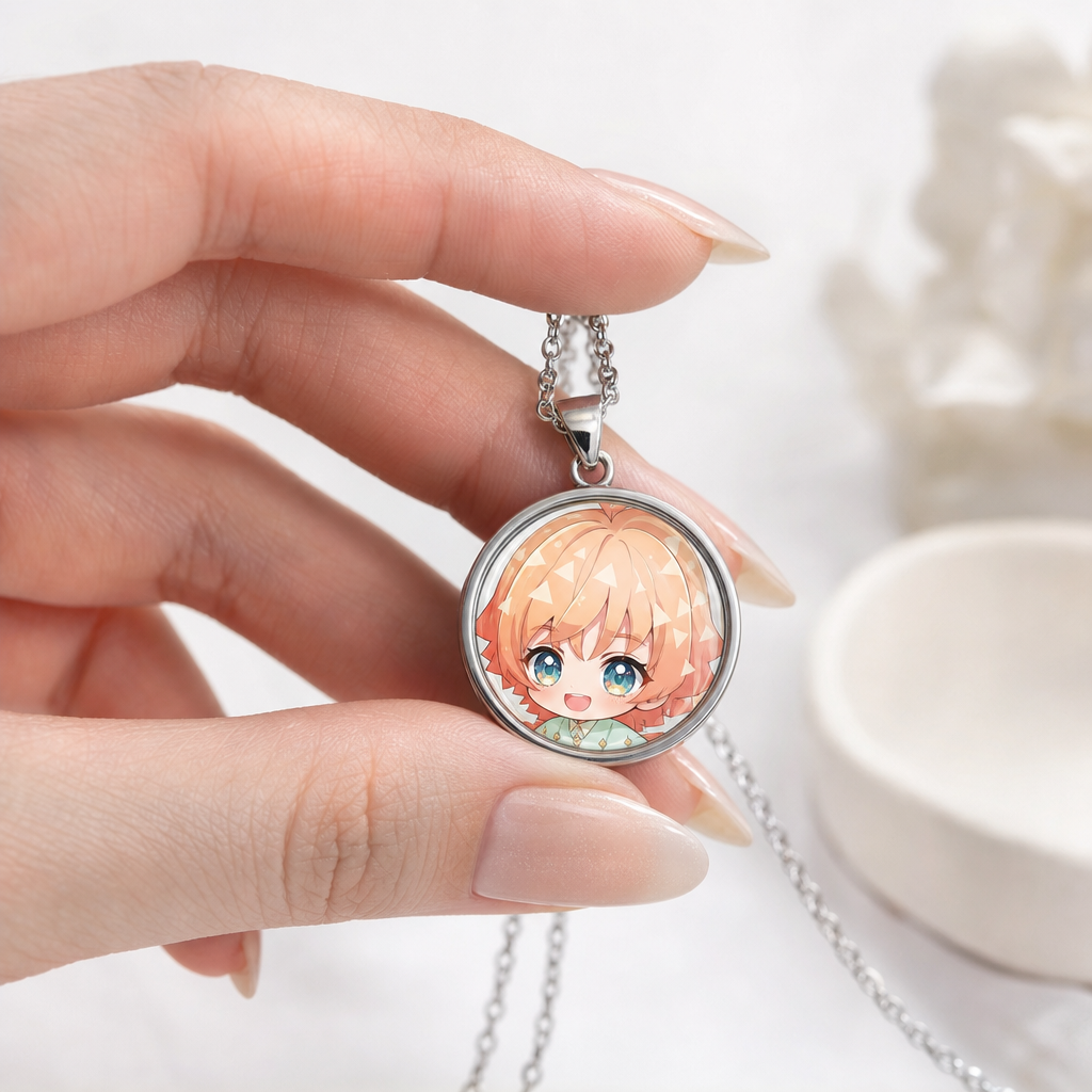 Custom Graphic Pendant Necklace with Optical Glass Cabochon Dome - Personalized Anime & Art Merch with Electroplated Finish
