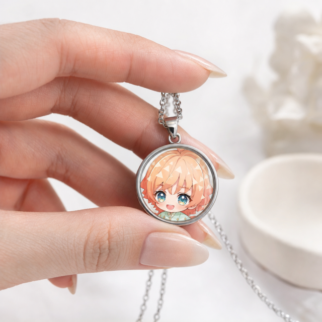 Custom Graphic Pendant Necklace with Optical Glass Cabochon Dome - Personalized Anime & Art Merch with Electroplated Finish