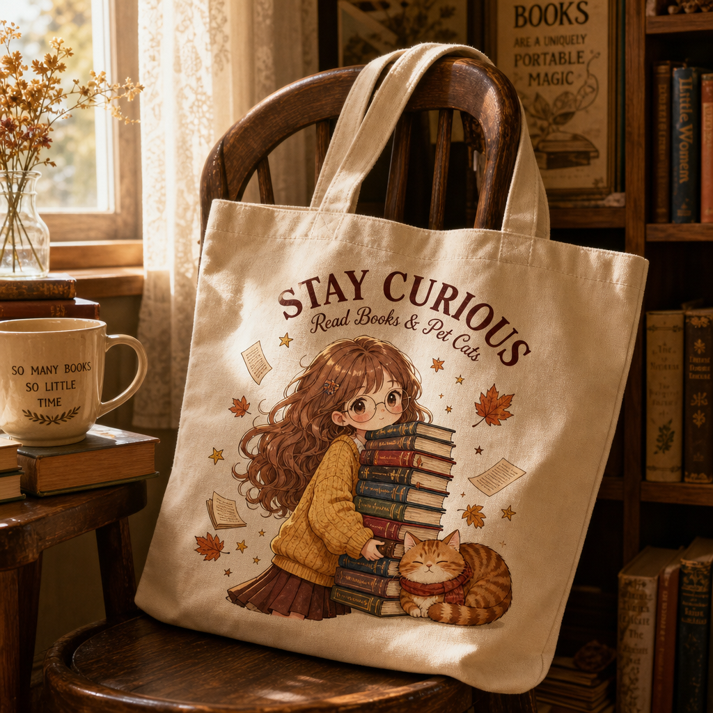 Custom Original Anime Art Heavyweight Cotton Canvas Tote Bag with Reinforced Box-X Stitch & Zipper Pocket