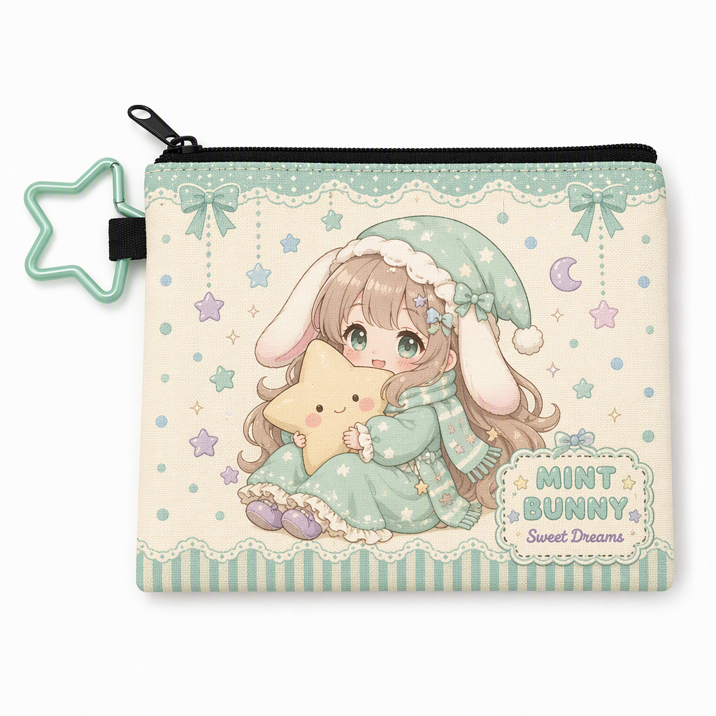 Custom Printed Kawaii Canvas Zipper Pencil Case | Personalized Chibi Pouch with Quick-Release Clip