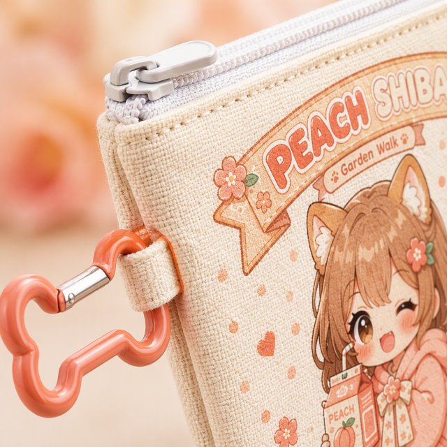 Custom Printed Kawaii Canvas Zipper Pencil Case | Personalized Chibi Pouch with Quick-Release Clip