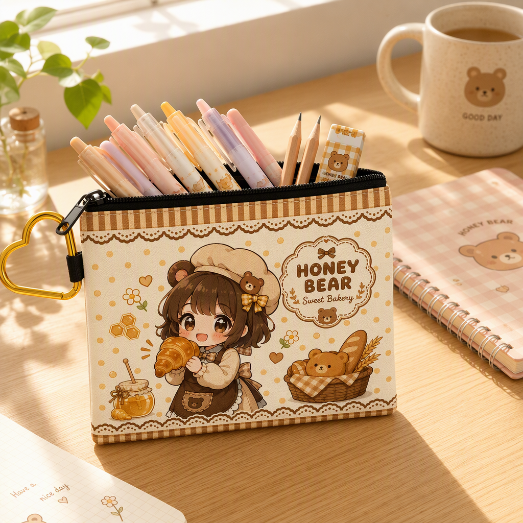 Custom Printed Kawaii Canvas Zipper Pencil Case | Personalized Chibi Pouch with Quick-Release Clip