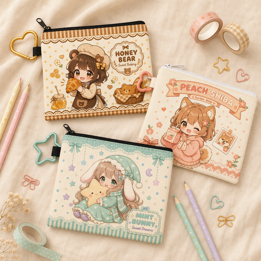 Custom Printed Kawaii Canvas Zipper Pencil Case | Personalized Chibi Pouch with Quick-Release Clip