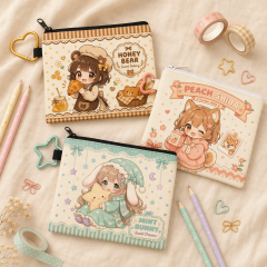 Custom Printed Kawaii Canvas Zipper Pencil Case | Personalized Chibi Pouch with Quick-Release Clip