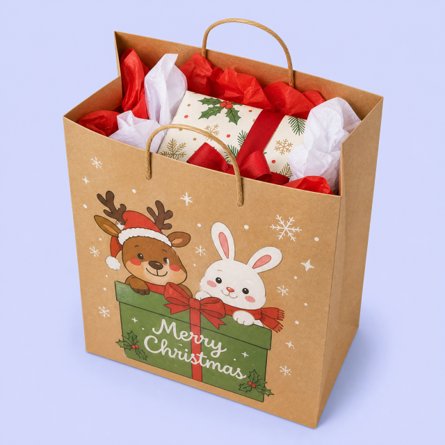 Custom Printed Christmas Kraft Paper Gift Bags with Twisted Handles | Eco-Friendly Holiday Packaging Wholesale