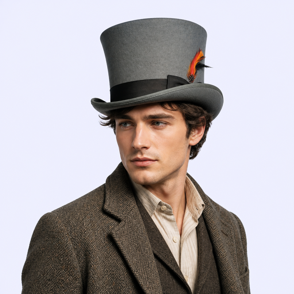 STANDARD GIFTS Custom Vintage Classic Wool Felt Top Hat with Bespoke Patterned Band & Feather