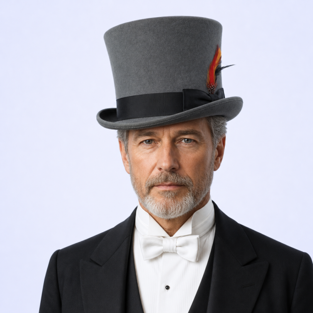 STANDARD GIFTS Custom Vintage Classic Wool Felt Top Hat with Bespoke Patterned Band & Feather