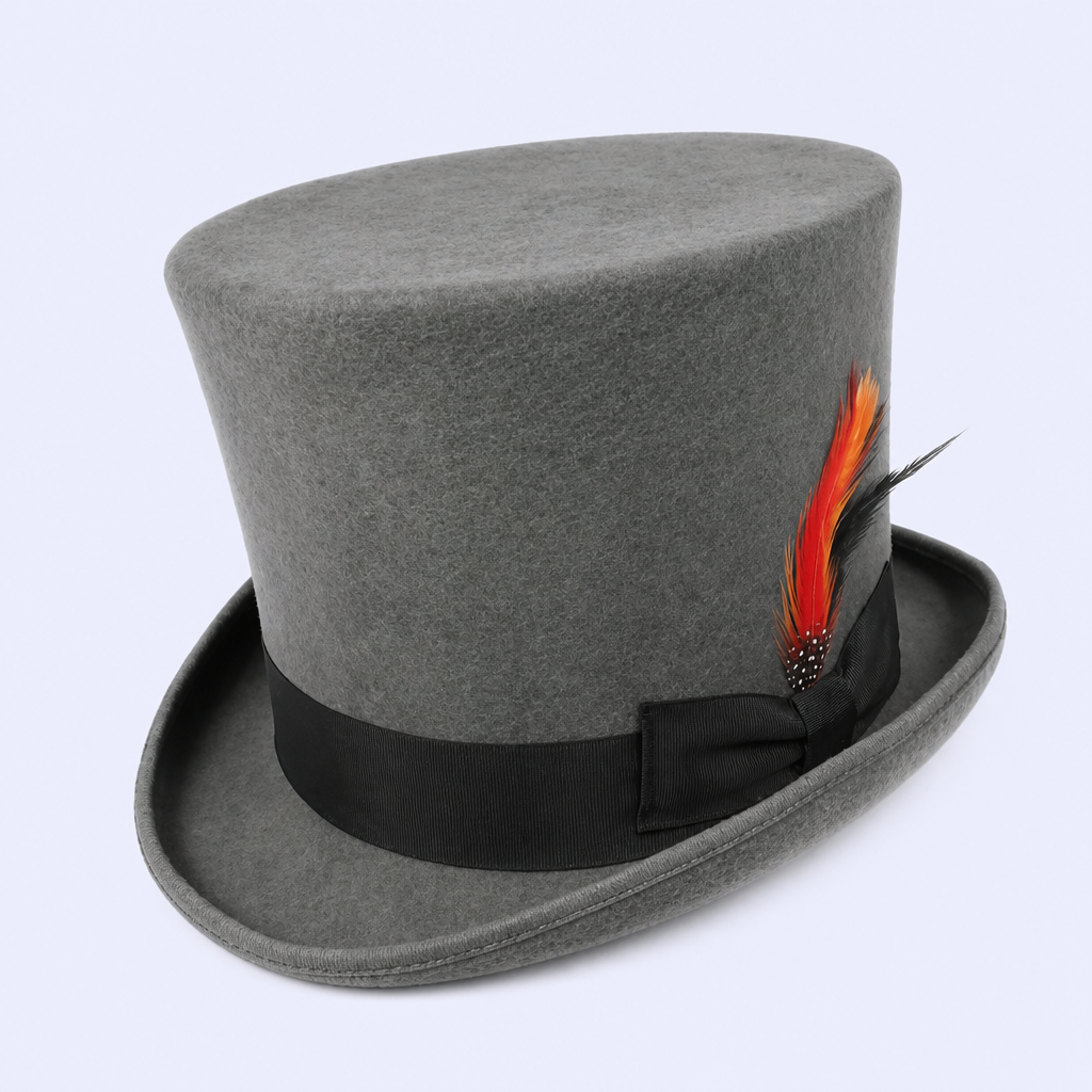 STANDARD GIFTS Custom Vintage Classic Wool Felt Top Hat with Bespoke Patterned Band & Feather
