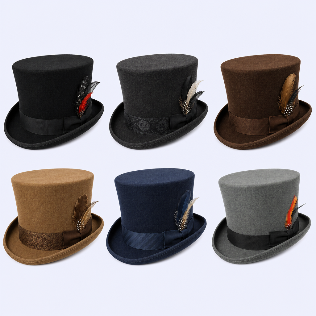 STANDARD GIFTS Custom Vintage Classic Wool Felt Top Hat with Bespoke Patterned Band & Feather