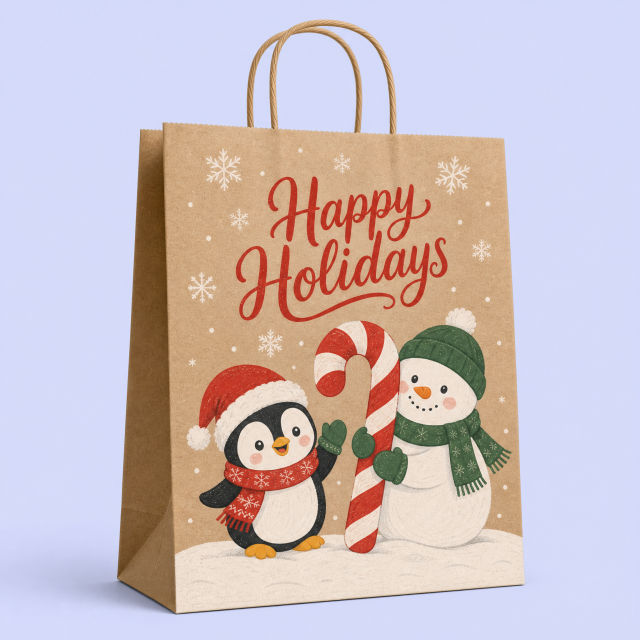 Custom Printed Christmas Kraft Paper Gift Bags with Twisted Handles | Eco-Friendly Holiday Packaging Wholesale