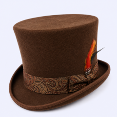 STANDARD GIFTS Custom Vintage Classic Wool Felt Top Hat with Bespoke Patterned Band & Feather