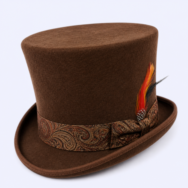 STANDARD GIFTS Custom Vintage Classic Wool Felt Top Hat with Bespoke Patterned Band & Feather