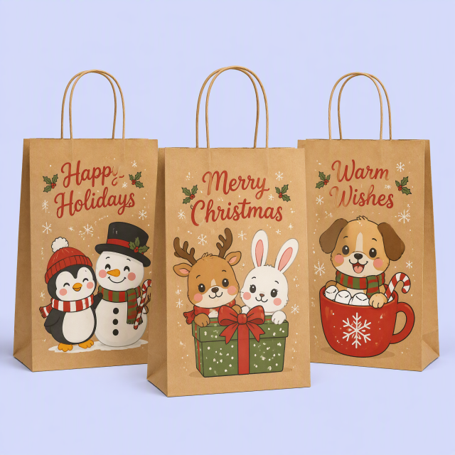 Custom Printed Christmas Kraft Paper Gift Bags with Twisted Handles | Eco-Friendly Holiday Packaging Wholesale
