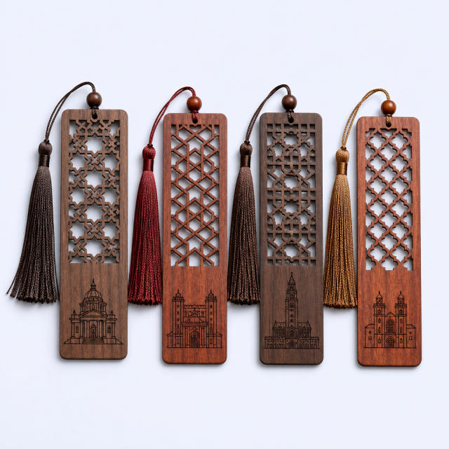Custom Wooden University Bookmarks with Laser Cut Hollow Patterns and Silk Tassels - STANDARD GIFTS