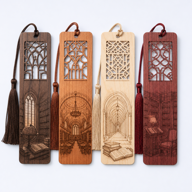 Custom Wooden University Bookmarks with Laser Cut Hollow Patterns and Silk Tassels - STANDARD GIFTS