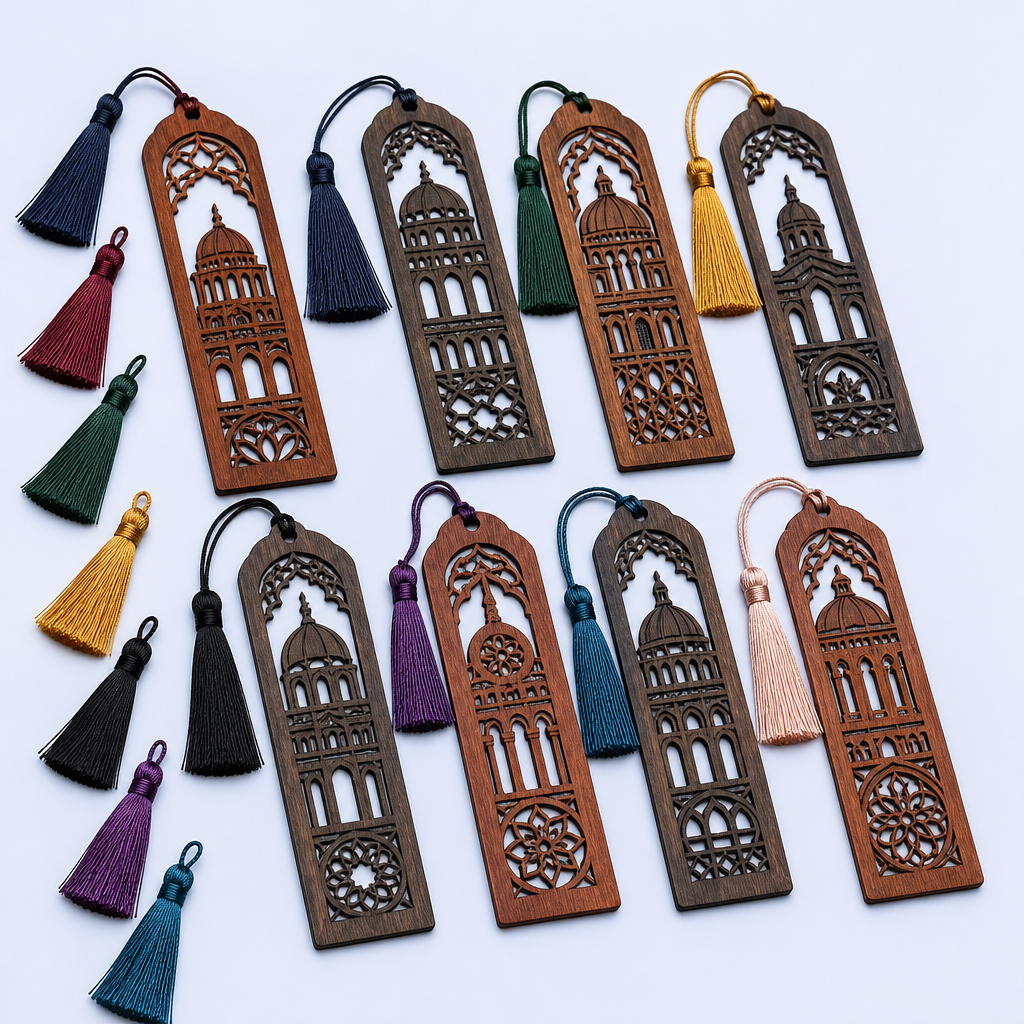 Custom Wooden University Bookmarks with Laser Cut Hollow Patterns and Silk Tassels - STANDARD GIFTS