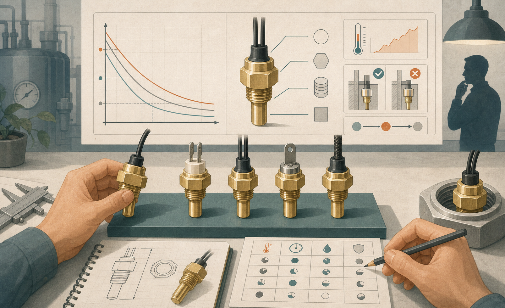 Editorial illustration for Brass Screw Type NTC Thermistor Sensor Selection