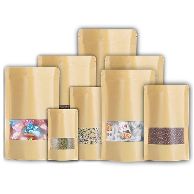 Customized Printed Stand Up Kraft Resealable Bags With Window